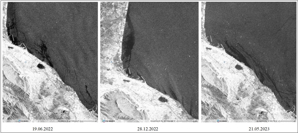 Рис. 2. Обширные пленочные загрязнения прибрежной акватории между Махачкалой и Каспийском на радиолокационных изображениях Sentinel-1A.  ESA