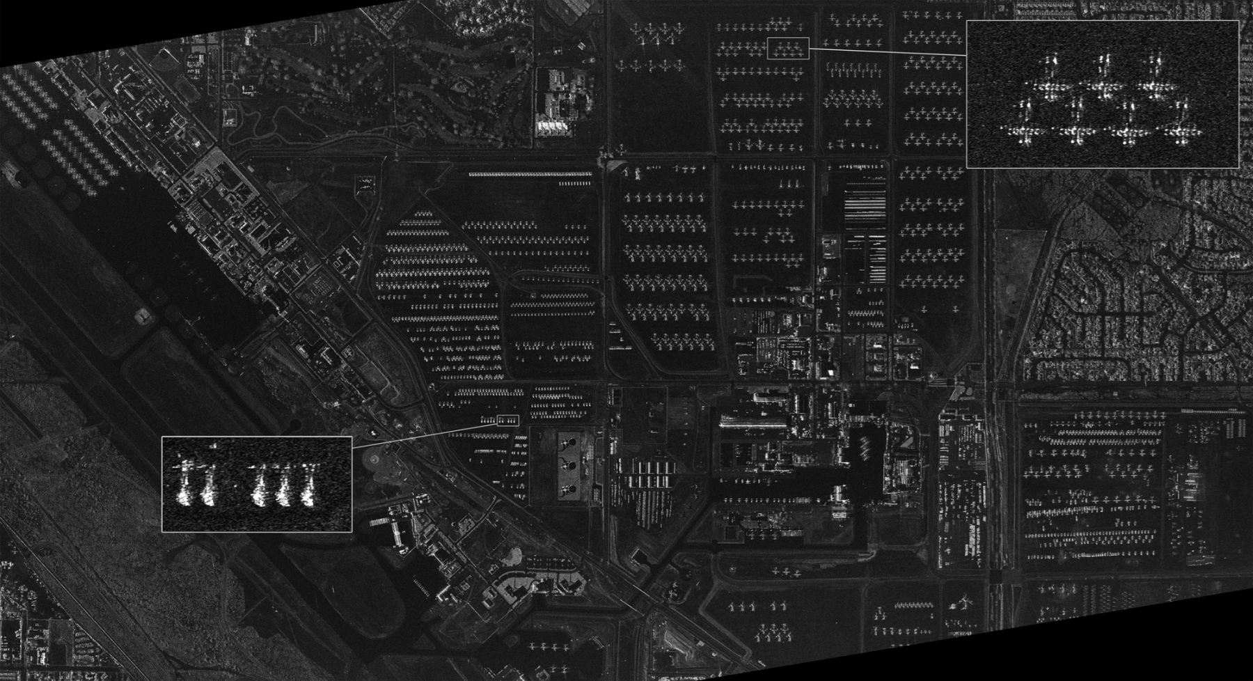 Кладбище военно-воздушной техники AMARG на базе ВВС США  Davis-Monthan в г. Тусон, штат Аризона. На сверхвысокодетальном снимке в режиме Staring SpotLight видны вертолеты и самолеты. ©DLR e.V. (2015), Distribution Airbus DS/Infoterra GmbH.