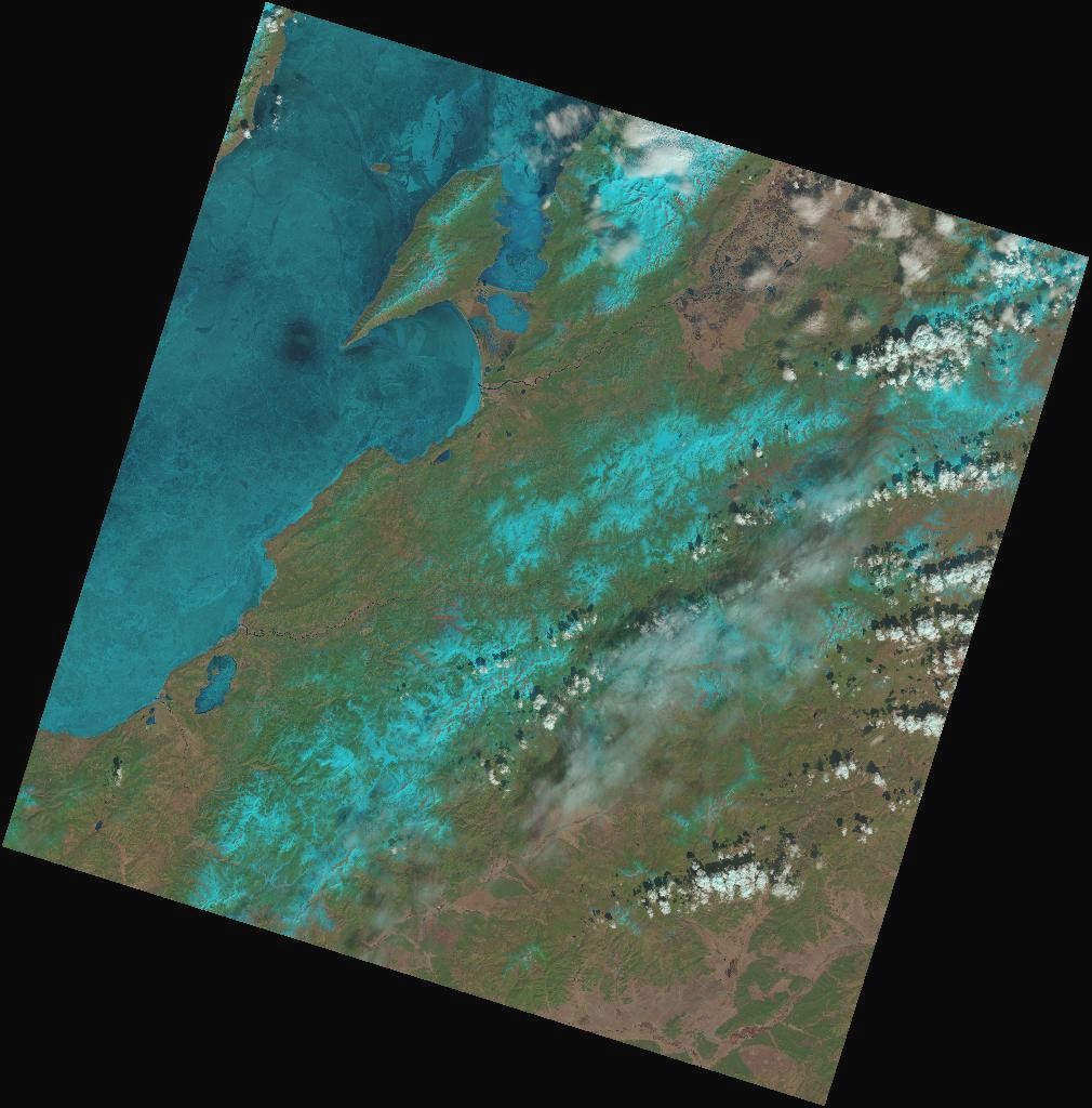 Рис. 4. Кольцевая структура во льду оз. Байкал на снимке спутника Landsat-8 от 21.04.2014. USGS/Landsat Program