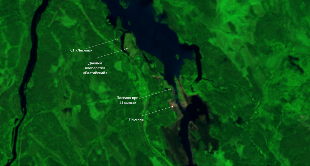 Рис.4. Фрагмент снимка КА SENTINEL-2 от 29.07.2024 09:25 UTC. В синтезе каналов SWIR+NIR+GREEN