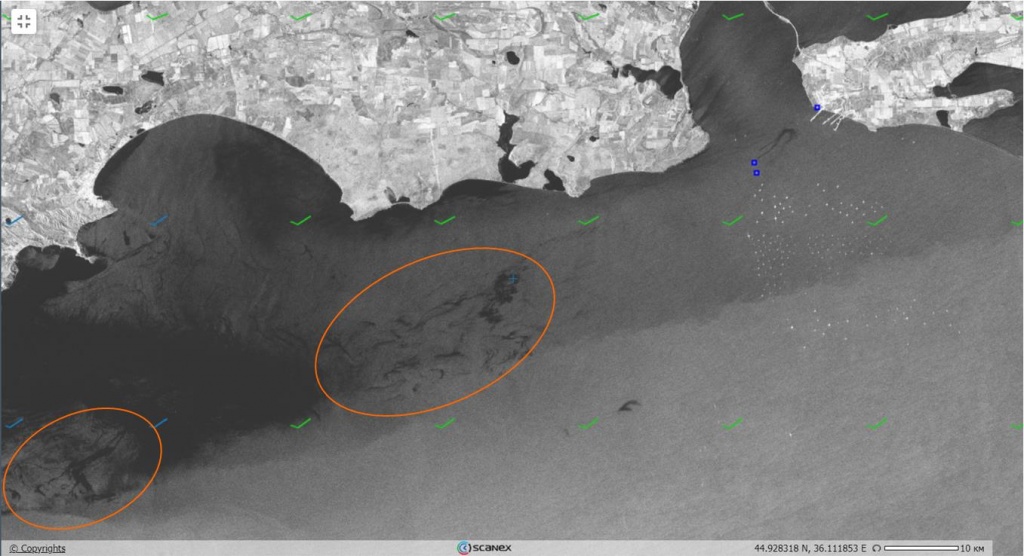 Рис. 1а. Обзорное РЛИ Sentinel-1A (31.12.2024, 15:28 UTC) на место катастрофы, на котором однозначно видны источники мазутного загрязнения и их разливы (см. рис. 1б). Области концентрации пятен мазутных загрязнений (показаны овалами) также появились в открытом море к западу от места катастрофы. © ESA 
