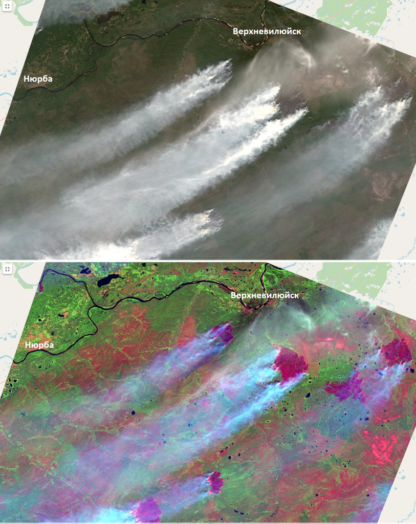 Рис. 3. Фрагмент снимка LANDSAT-9 от 24 июля в натуральном (сверху) и ложном (снизу) синтезе каналов. Наблюдаются крупные пожары к югу от населенных пунктов Нюрба и Верхневилюйск, приблизительно в 500 км западнее Якутска. Общая площадь выгоревшей территории на снимке, которая на момент съемки все еще находится во огне, составила приблизительно 808 кв км.