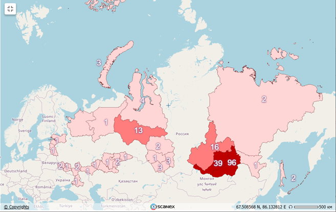 Рис. 7. Карта пожарной обстановки РФ за 19 мая 2025 г.