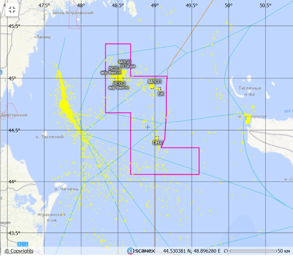 Рисунок 4 - Сводная карта судовой обстановки в северной части Каспийского моря с 2023 по 2025 гг..