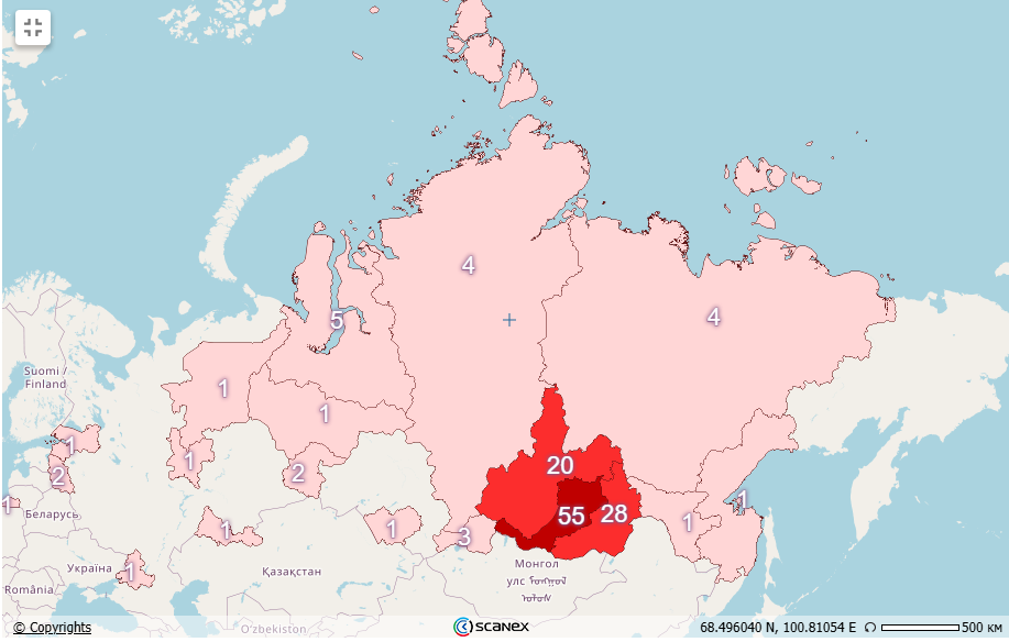 Рис.7. Карта пожарной обстановки РФ за 23 июня 2025 г. 