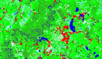 Результат автоматизированной классификации снимка – выделение ареалов нефтяного загрязнения (красные контуры).