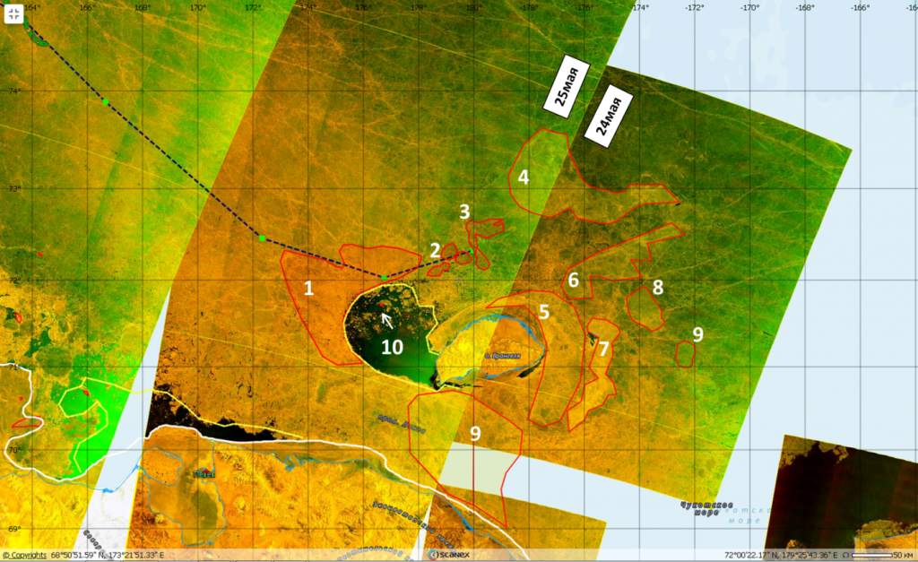 Рис.4. Тяжелые районы вокруг острова Врангеля (Sentinel-1, EW, 24-25 мая .2020).