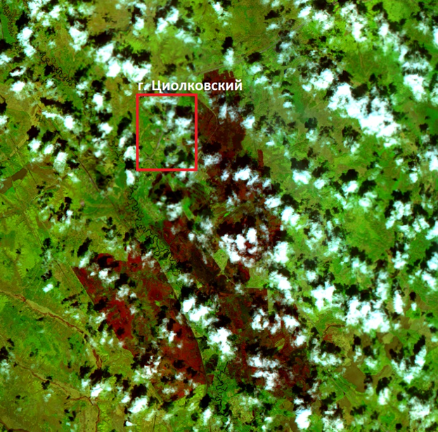 Рис.5. Фрагмент снимка КА SENTINEL-2 от 14 мая 2025 г. К югу и юго-востоку от города наблюдается территория, пройденная огнем 