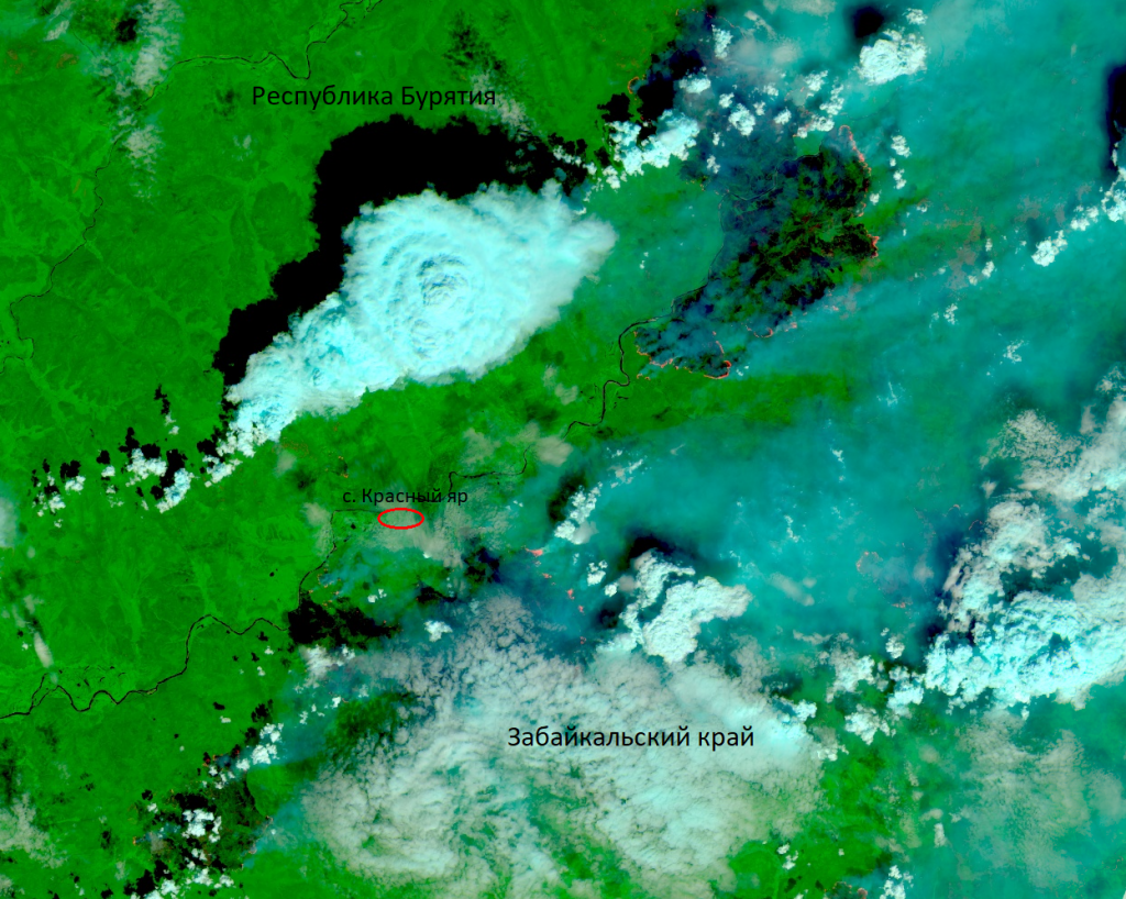 Рис.3. Фрагмент снимка SENTINEL-2 от 29 июля 2024 года на территорию Забайкальского края и республики Бурятия