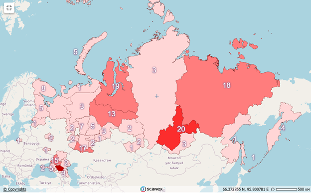 Рис.7. Карта пожарной обстановки РФ за 4 августа 2025 год. Рис.7. Карта пожарной обстановки РФ за 4 августа 2025 год.