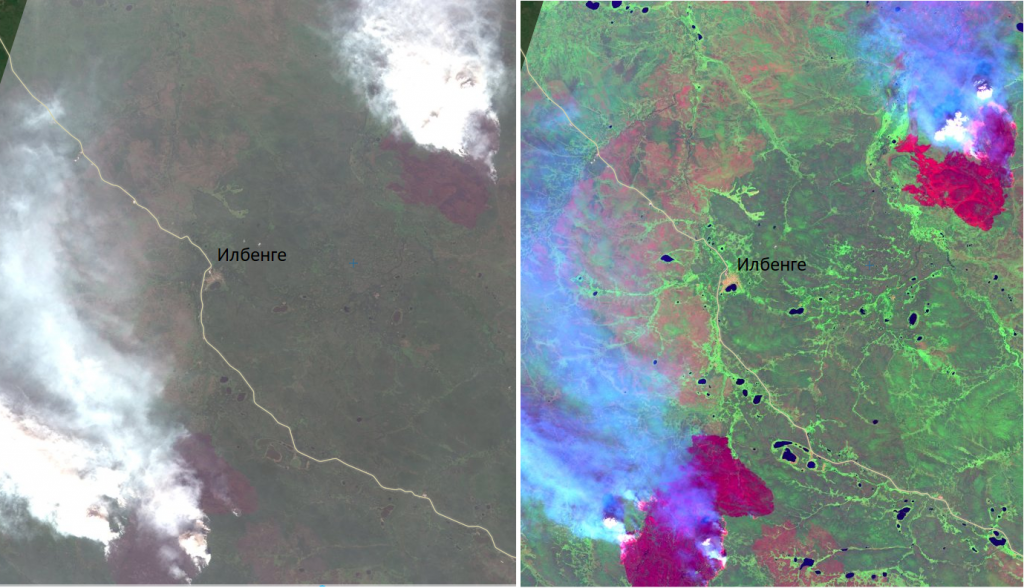 Рис. 4 Фрагмент снимка КА SENTINEL-2 от 25 июля в натуральном (слева) и ложном (справа) синтезе каналов. Наблюдаются крупные пожары в районе села Илбенге в 290 км северо-западнее Якутска. Общая площадь выгоревшей территории на снимке, которая на момент съемки все еще находится во огне, составила приблизительно приблизительно 198 кв км.