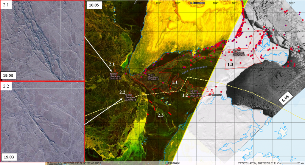 Рис.6. Опасные ледяные образования и потенциально тяжелые районы в проливе Вилькицкого (Sentinel-1, EW, HV+ HH).