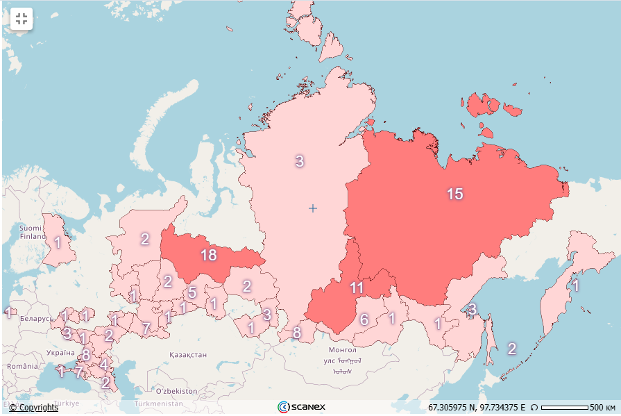 Рис.7. Карта пожарной обстановки РФ за 21 июля 2025 г. 