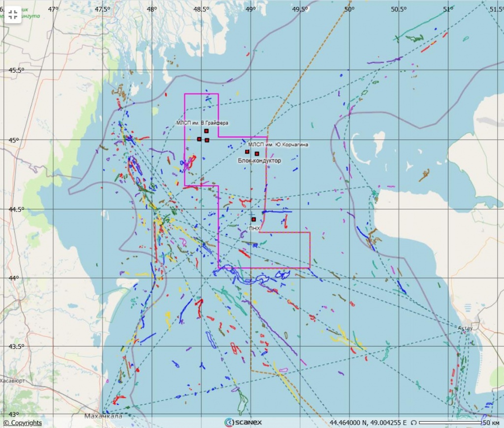 Сводная карта пленочных загрязнений, обнаруженных в Северном Каспии с 2009 по 2019 гг.