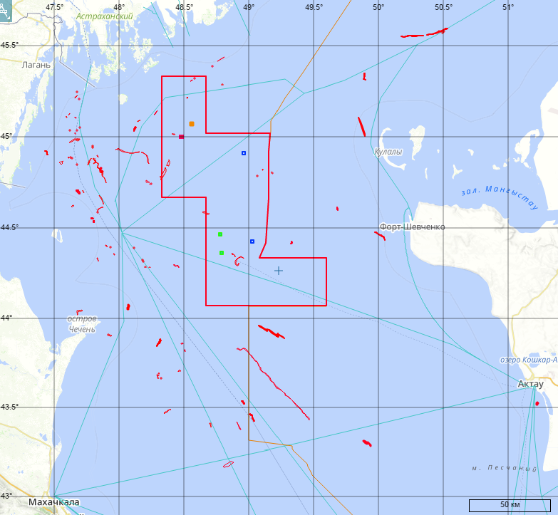 Интегральная карта пленочных загрязнений моря, обнаруженных на РЛИ RADARSAT-2 и COSMO-SkyMed в период мониторинга в 2014 г (© «СКАНЭКС», 2014)