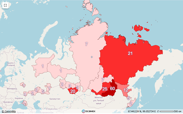 Рис.7. Карта пожарной обстановки РФ за 5 мая 2025 г. 