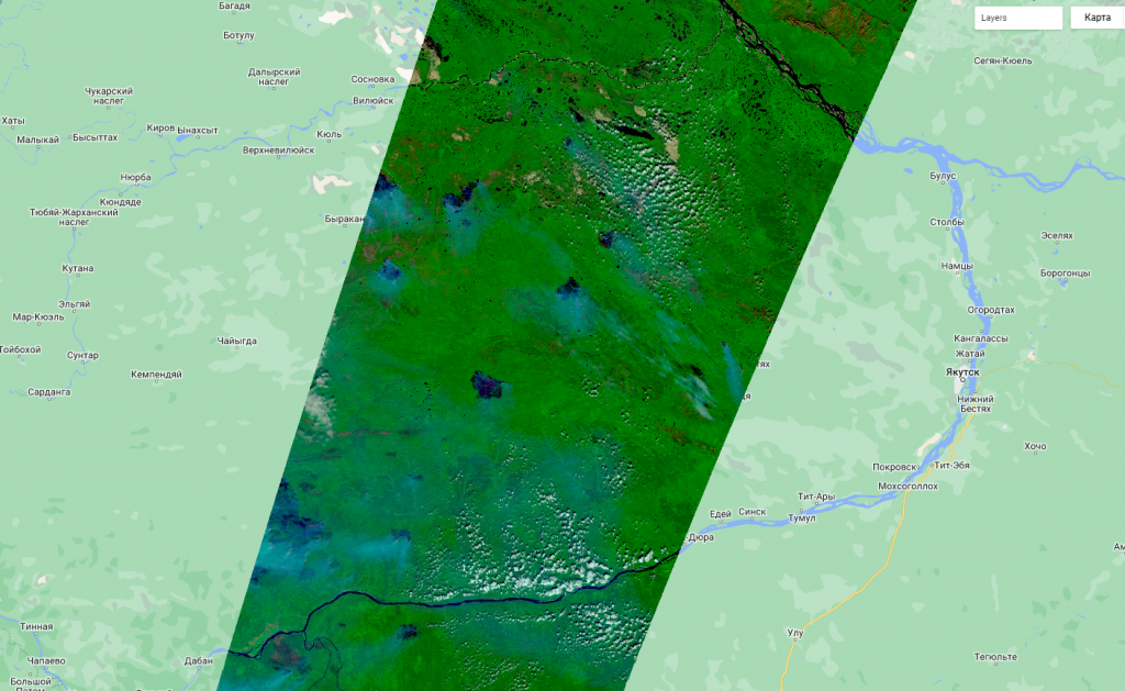 Рис.4. Данные Sentinel-2 от 28 июля 2024 года. К западу от Якутска видны многочисленные лесные пожары и выгоревшие территории. 