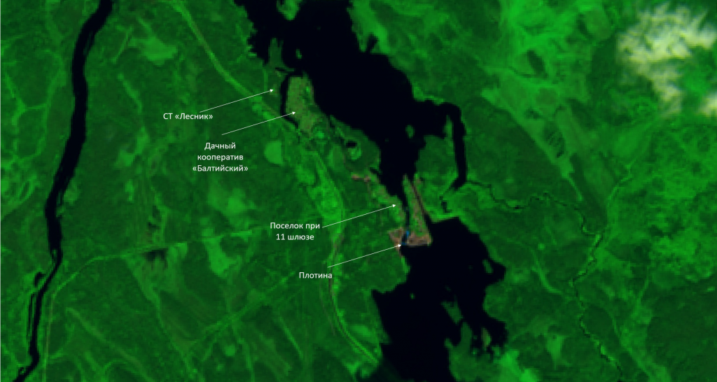 Рис.3. Фрагмент снимка КА SENTINEL-2 от 26.07.2024 09:15 UTC. В синтезе каналов SWIR+NIR+GREEN