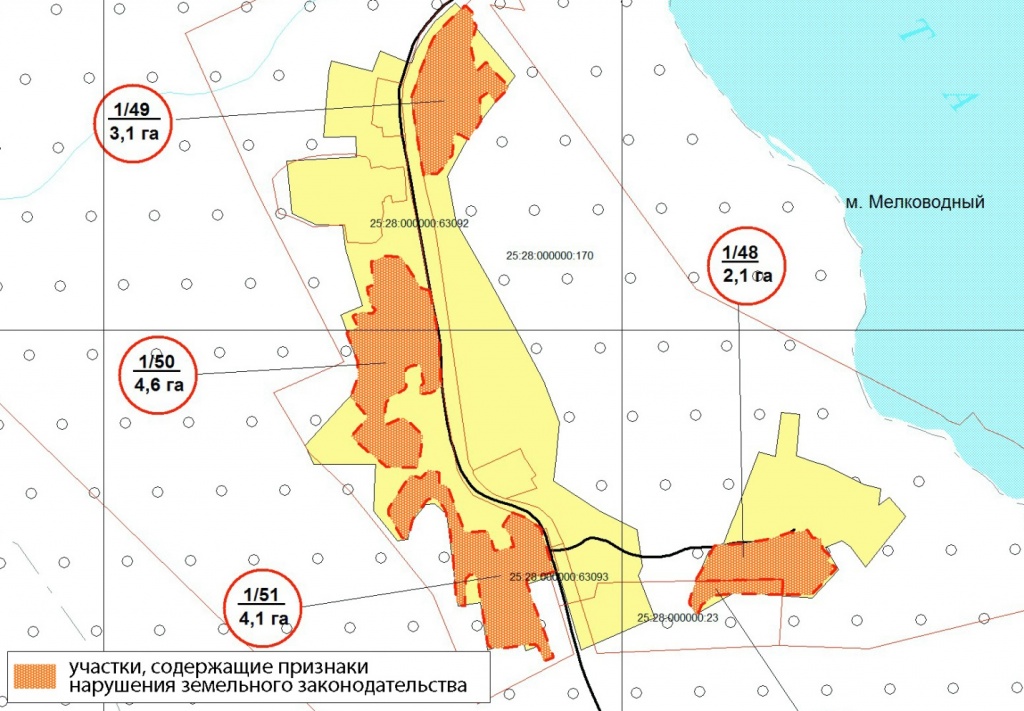 Фрагмент карты земельных участков, содержащих признаки нарушения земельного законодательства. Указываются площадь и тип обнаруженного нарушения