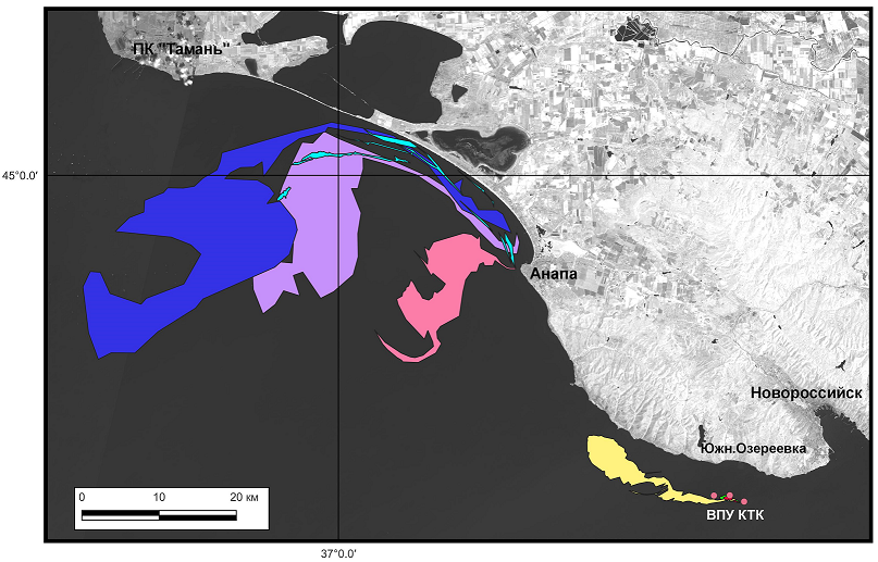 Рис. 5. Эволюция пятна нефти, разлившейся на ВПУ-2, по данным ДЗЗ с 29.08 по 2.09.2025 г.: красный — 0,7 км2 (29.08), зеленый — 2 км2 (29.08), желтый — 42 км2 (29.08), розовый — >70 км2 (30.08), сиреневый — около 215 км2 (31.08), синий — >300 км2 (1.09), голубой — около 17 км2 (2.09) Рис. 5. Эволюция пятна нефти, разлившейся на ВПУ-2, по данным ДЗЗ с 29.08 по 2.09.2025 г.: красный — 0,7 км2 (29.08), зеленый — 2 км2 (29.08), желтый — 42 км2 (29.08), розовый — >70 км2 (30.08), сиреневый — около 215 км2 (31.08), синий — >300 км2 (1.09), голубой — около 17 км2 (2.09)
