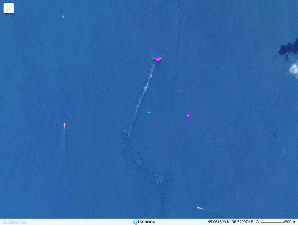 Рисунок 11а. разлив на оптическом снимке Sentinel-2 (виден цвет пленки), 3.07.2025