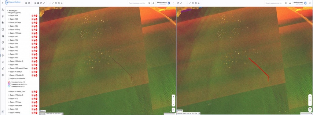 Рисунок 5 - Пример работы автоматического алгоритма по выявлению пленочных загрязнений на водной поверхности, основанного на использовании нейросетевых технологий