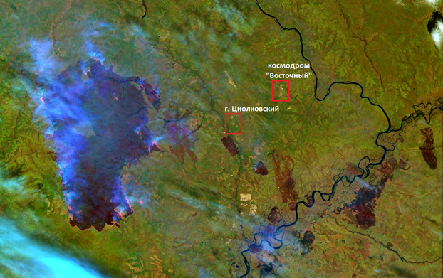 Рис.4. Фрагмент КА SENTINEL-2 от 12 мая 2025 г., представленный в искусственных цветах. Наблюдаются как активные горения, так и выгоревшие территории 